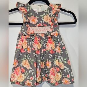 Bonnie Baby Ruffle Sleeveless Gray Floral Dress with Pink and Orange Accents